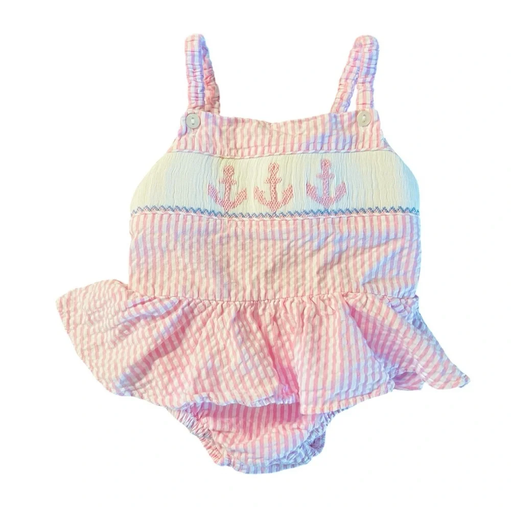 Southern Sunshine Kids Striped Pink Smocking Anchor Romper Size 9 Months